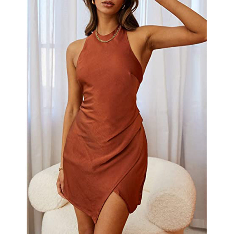 Satin Halter Neck Open Back Ruched Wrap Split Mini Dress 2
