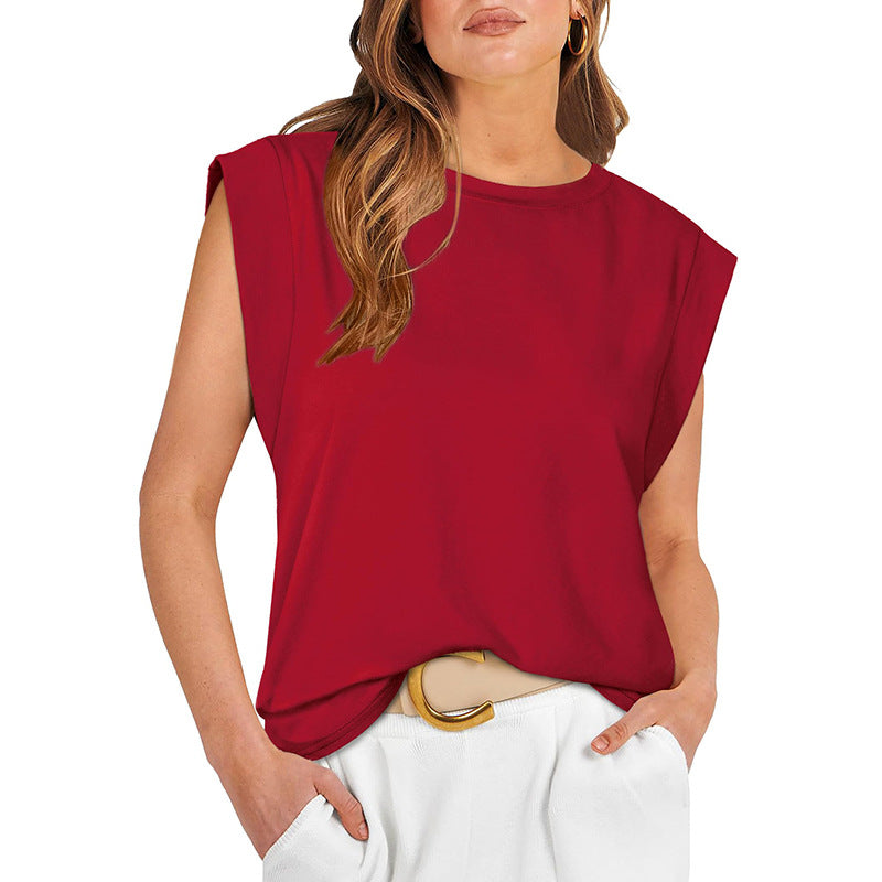 Crew Neck Cap Sleeve Shoulder Pad Top