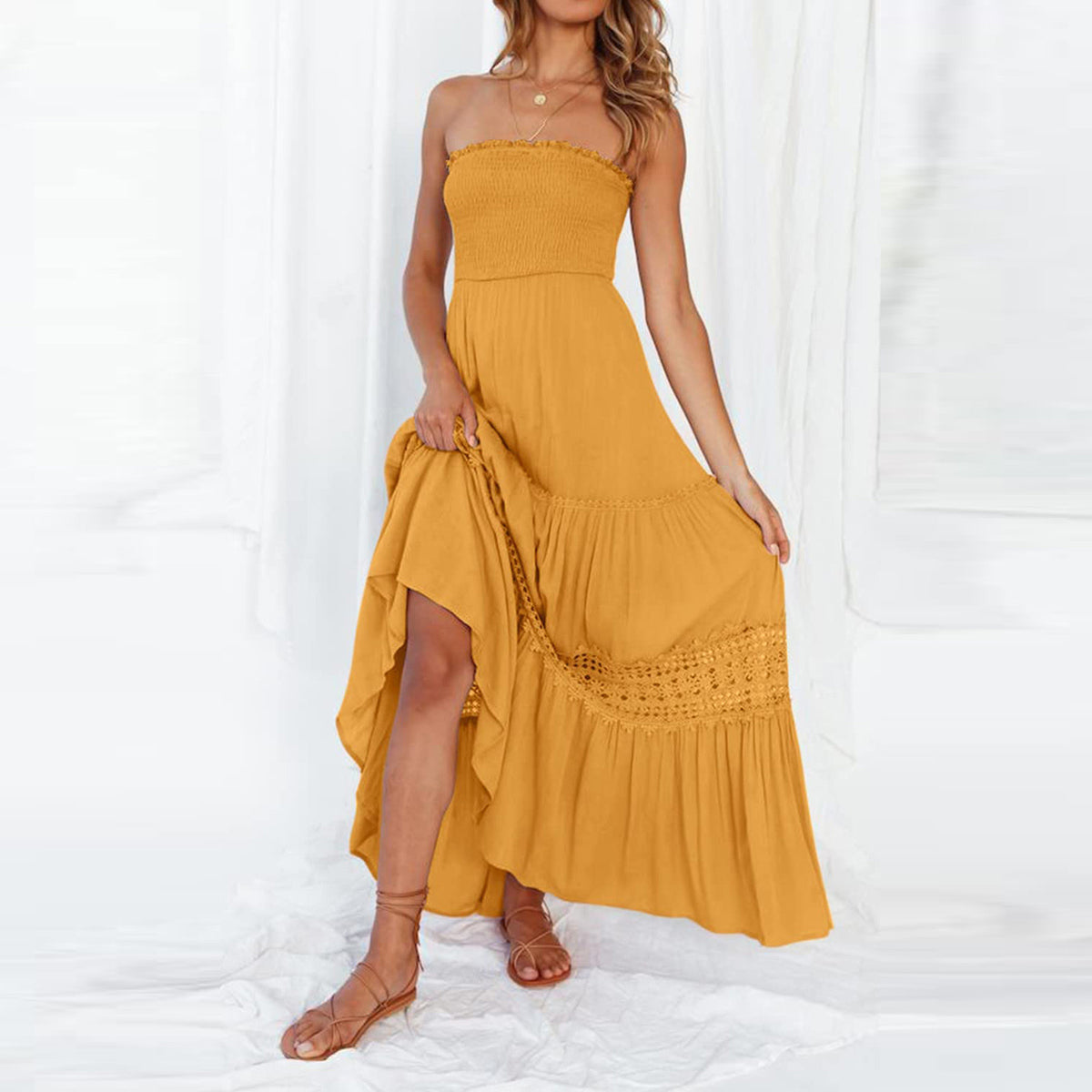 Strapless Smocked Bodice Crochet Lace Insert Tiered Boho Maxi Dress
