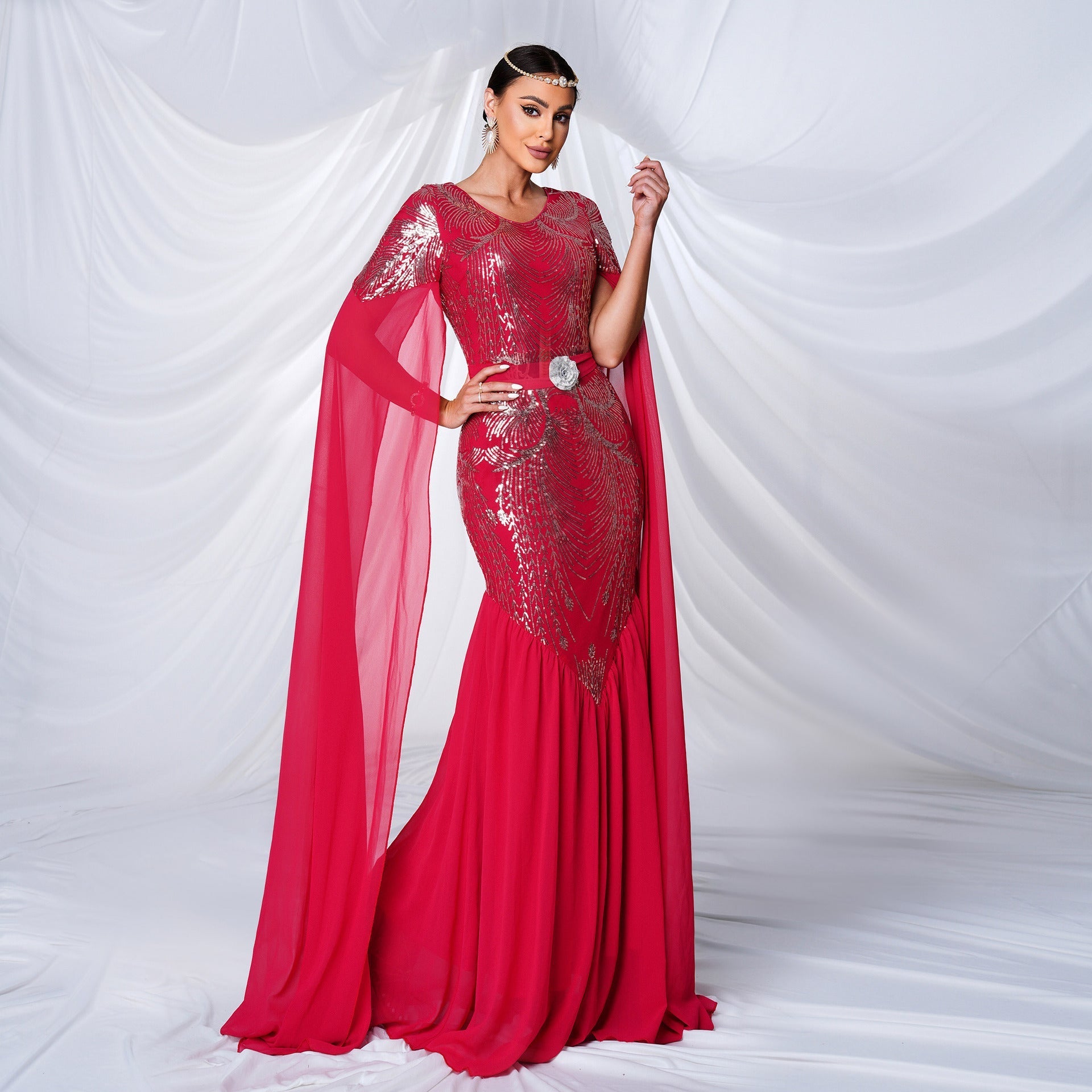 Sequin Round Neck Cape Sleeve Beaded Mermaid Evening Gown