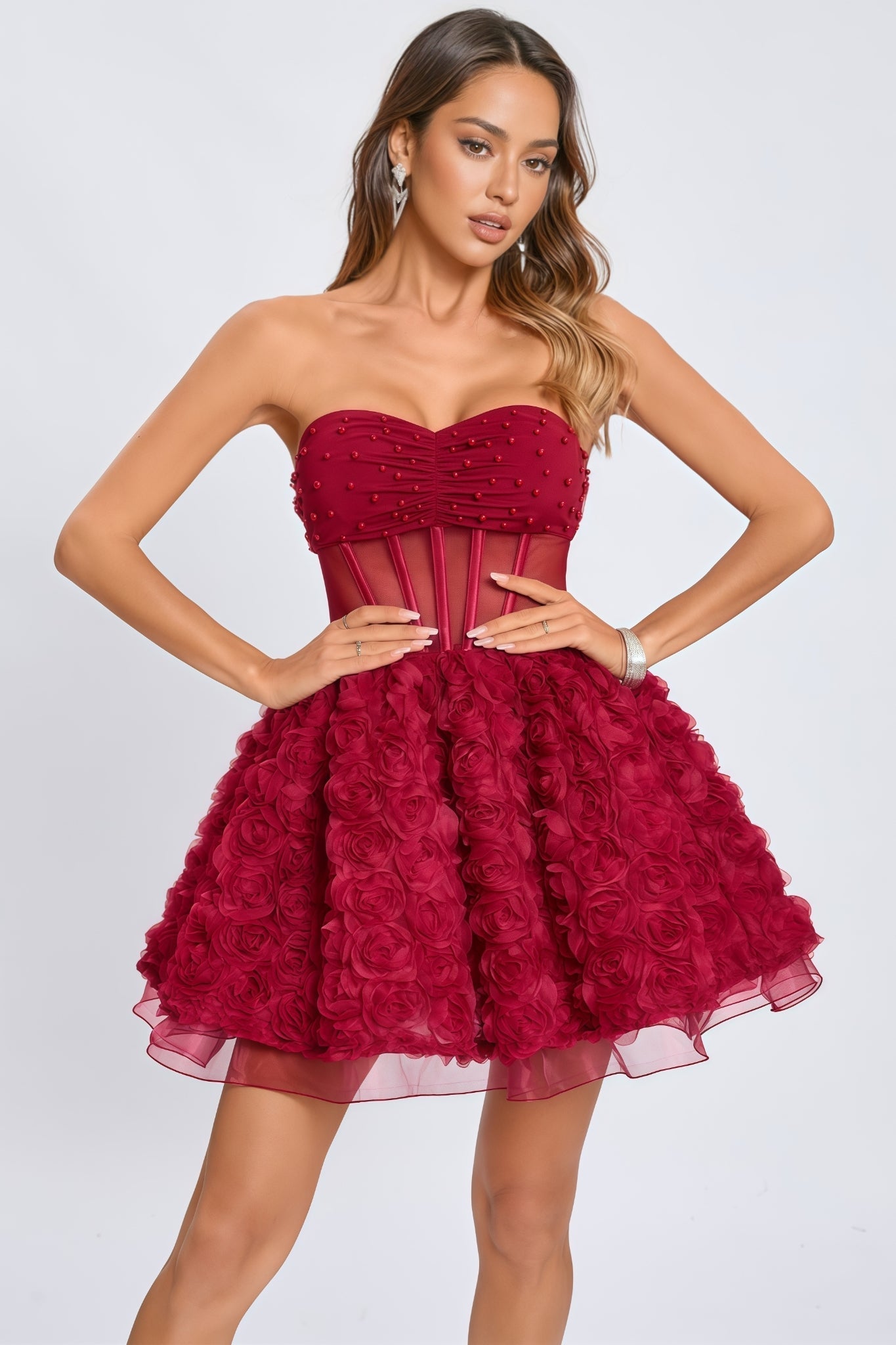 Beaded Strapless Corset 3D Rose Tulle Mini Dress