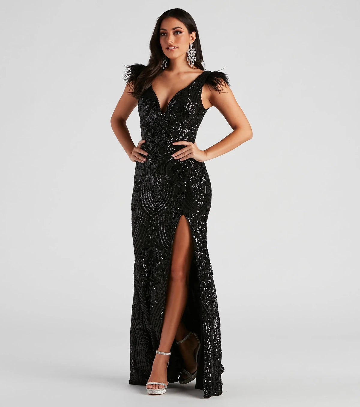 Sequin Feather Shoulder Plunge V-Neck High Split Evening Gown 6