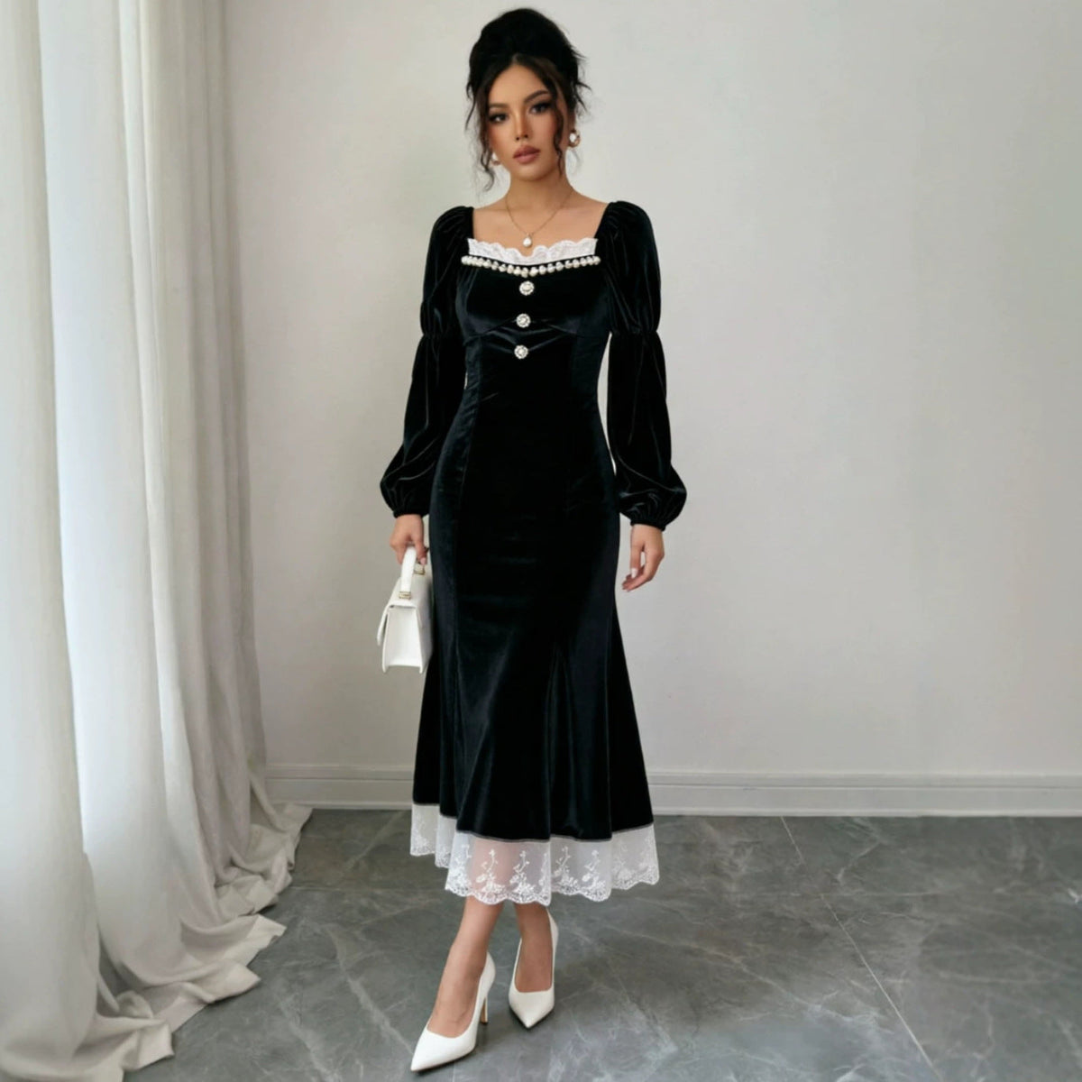 Velvet Square Neck Lace Trim Puff Sleeve Button Front Midi Dress 2