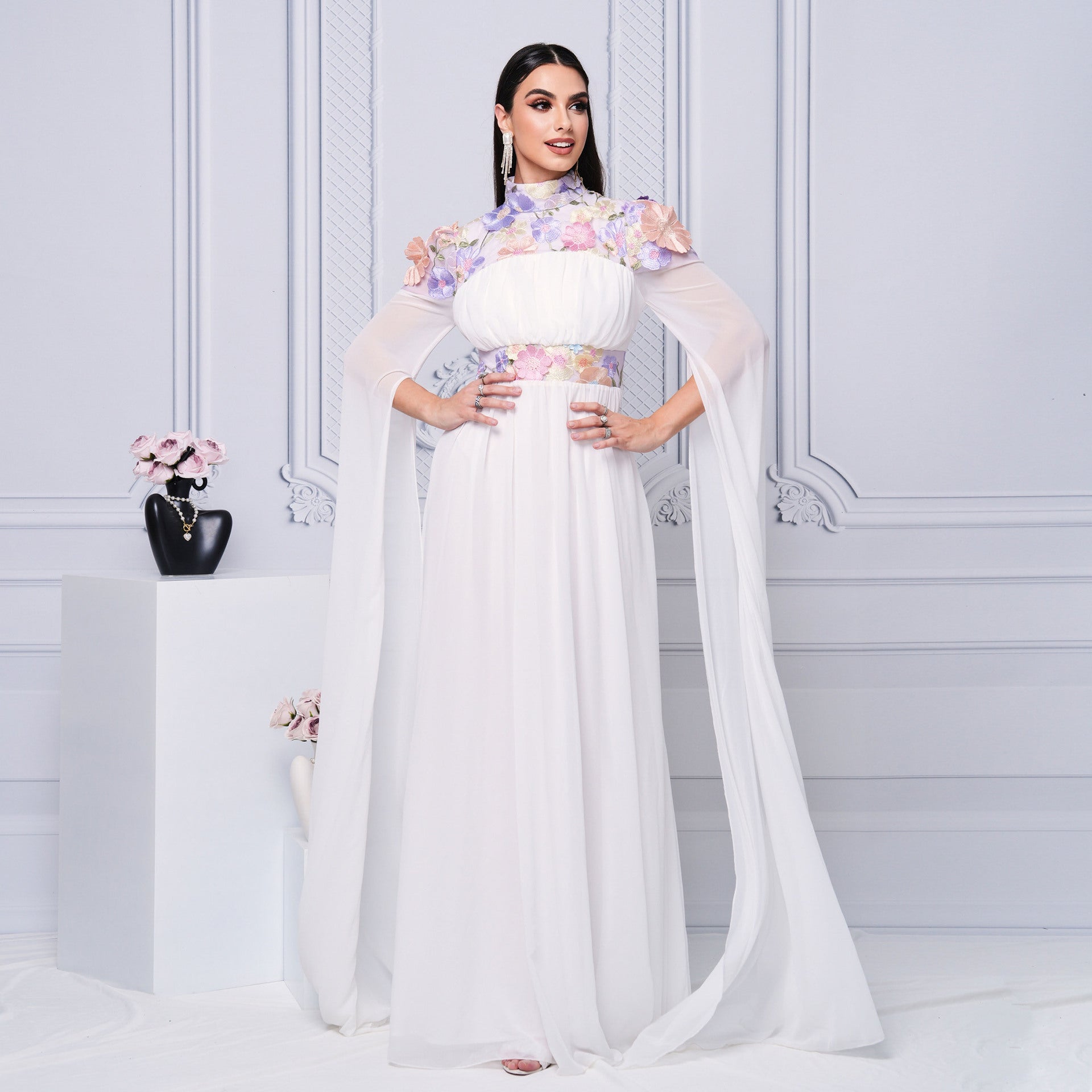 High Neck 3D Floral Applique Cape Sleeve Pleated Chiffon Maxi Gown