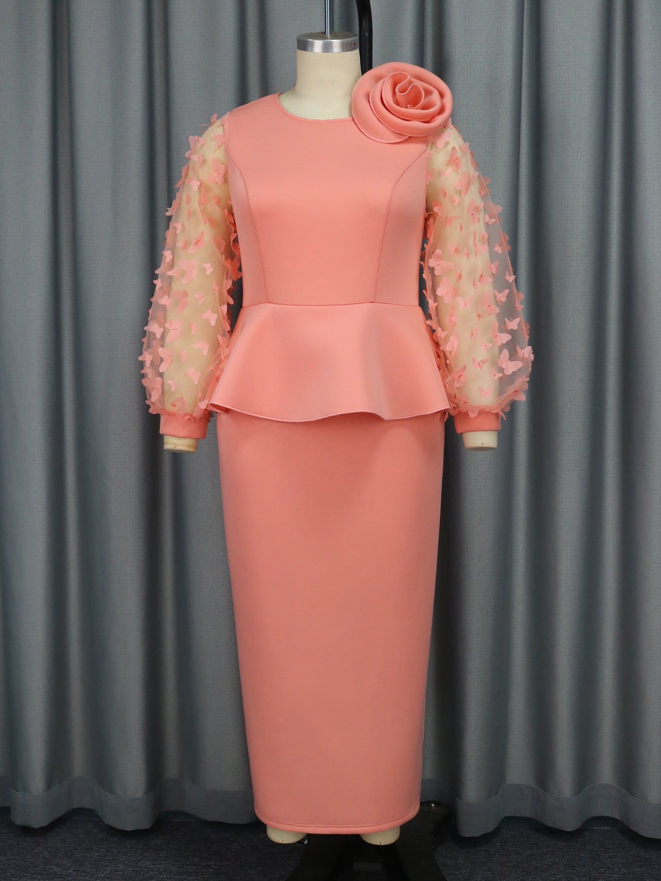 Butterfly Applique Mesh Balloon Sleeve Peplum Top Maxi Skirt Two-Piece Set