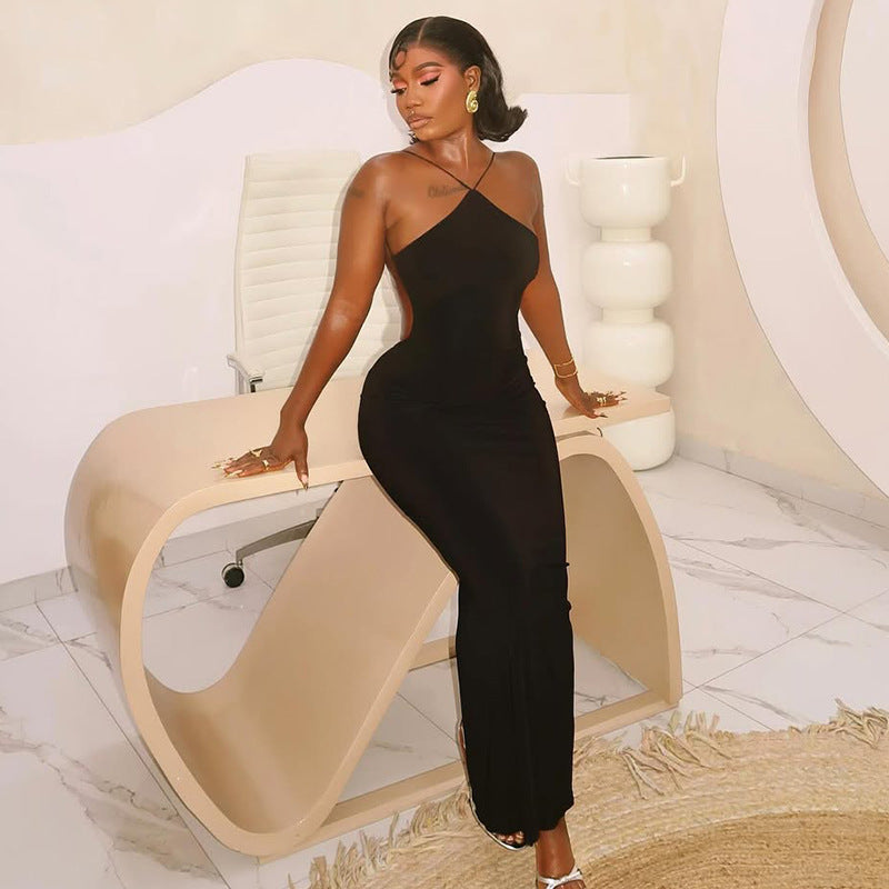 Solid Color Graceful Women Dress Elegant One Step Low Waist Hip Dress Halter Sleeveless Backless Maxi Dress