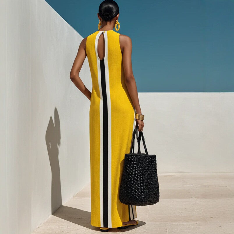 Sleeveless Vertical Striped Maxi Dress Women Autumn Linen Vest Seaside Vacation Dress