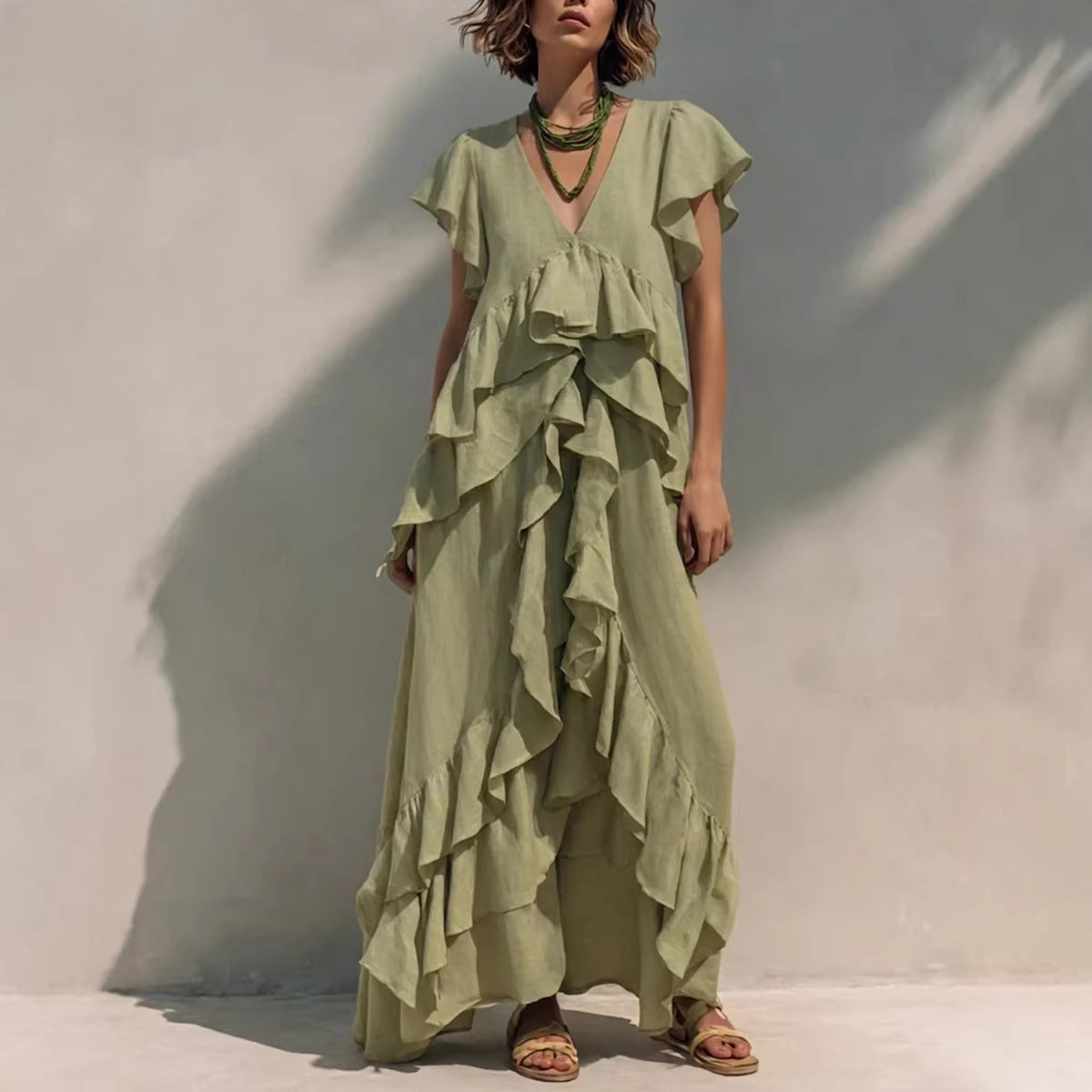 V-Neck Flutter Sleeve Ruffle Tiered Maxi Dress 3