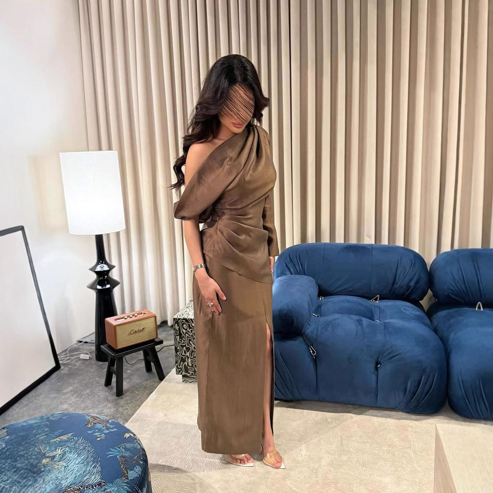 Satin One Shoulder Long Sleeve Ruched High Split Maxi Dress 2