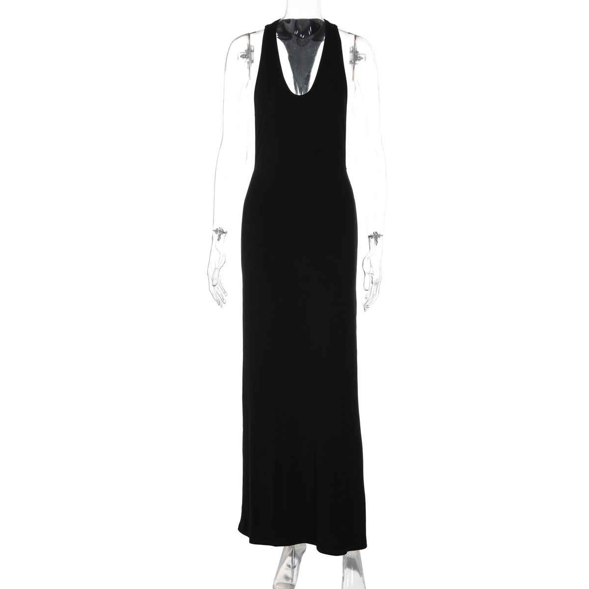 Halter Neck Scoop Front Open Back Column Maxi Dress 2