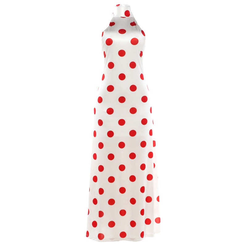 Polka Dot Satin Halter Neck Backless Bodycon Maxi Dress 2