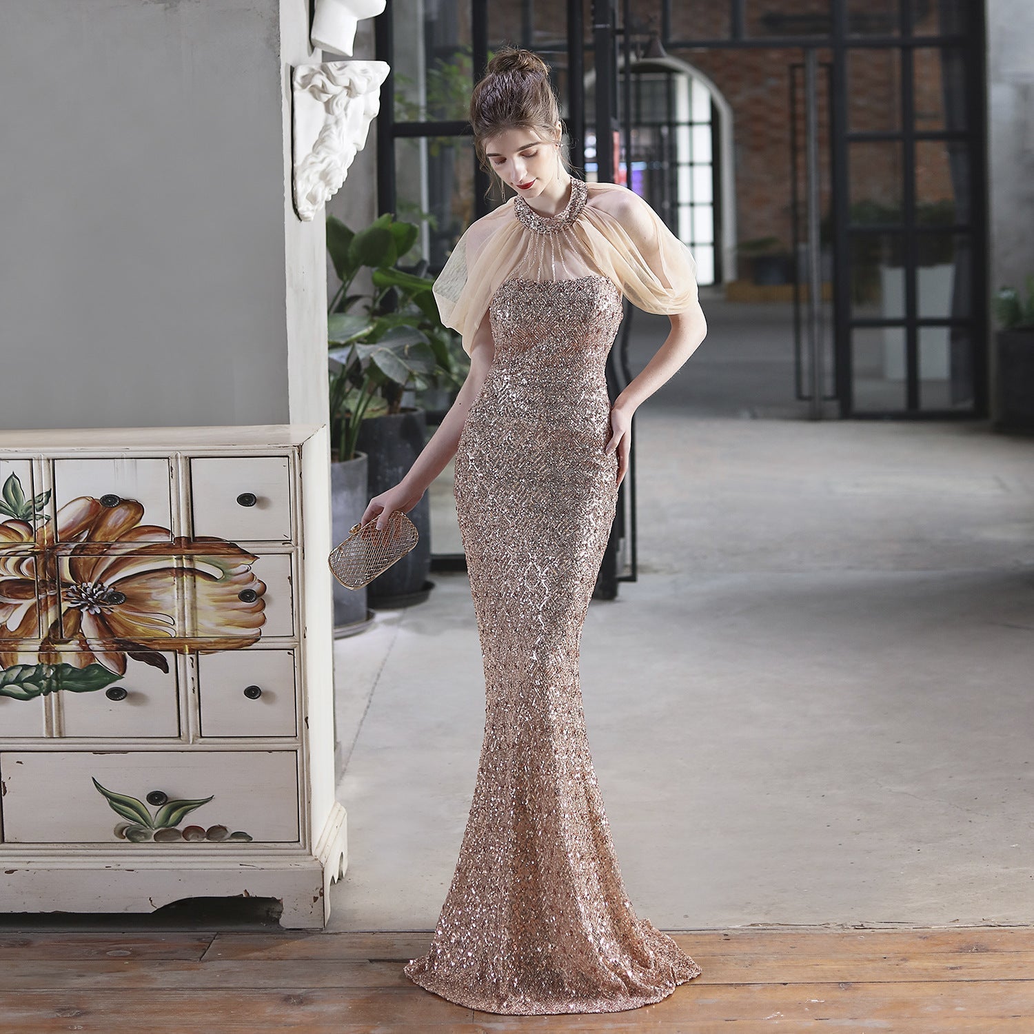 Sequin Halter Neck Sheer Cape Mermaid Gown