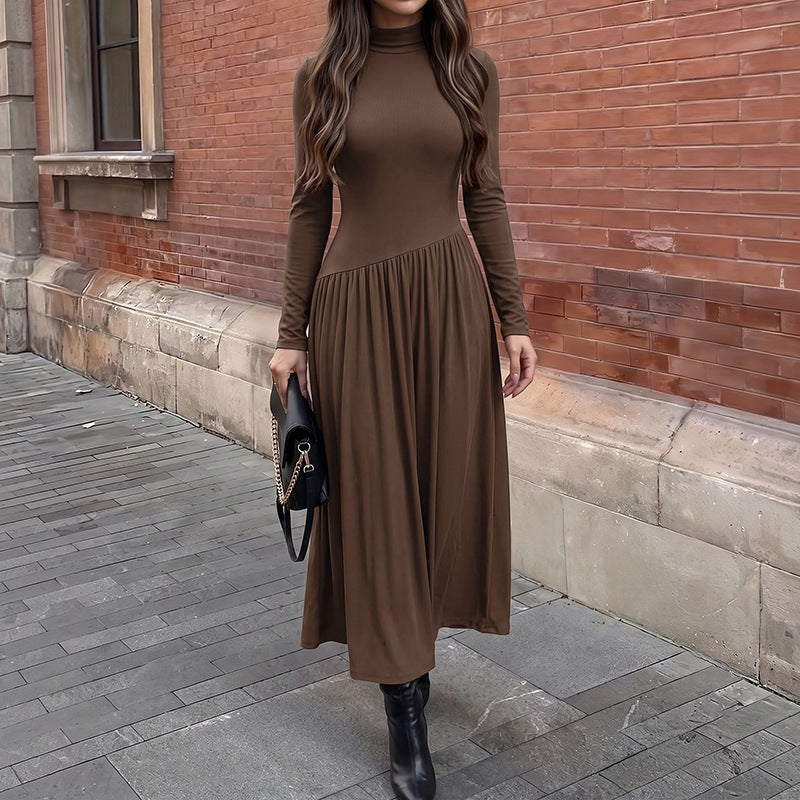 Casual Laid Back Solid Color Half Collar Stitching Long Sleeve Dress