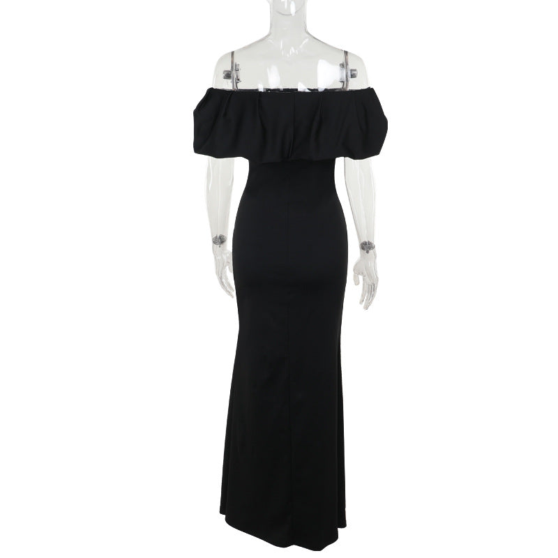 Off Shoulder Pleated High Split Formal Maxi Dress