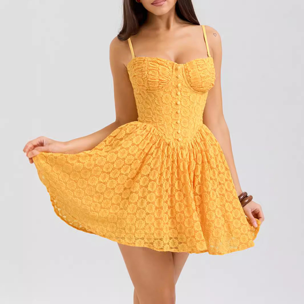 Floral Lace Spaghetti Strap Bustier Button Front Basque Waist Fit and Flare Mini Dress