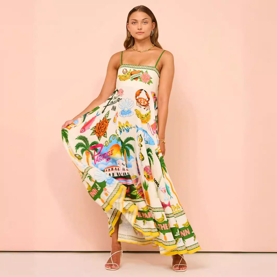 Tropical Graphic Print Spaghetti Strap Fit and Flare Maxi Dress 2