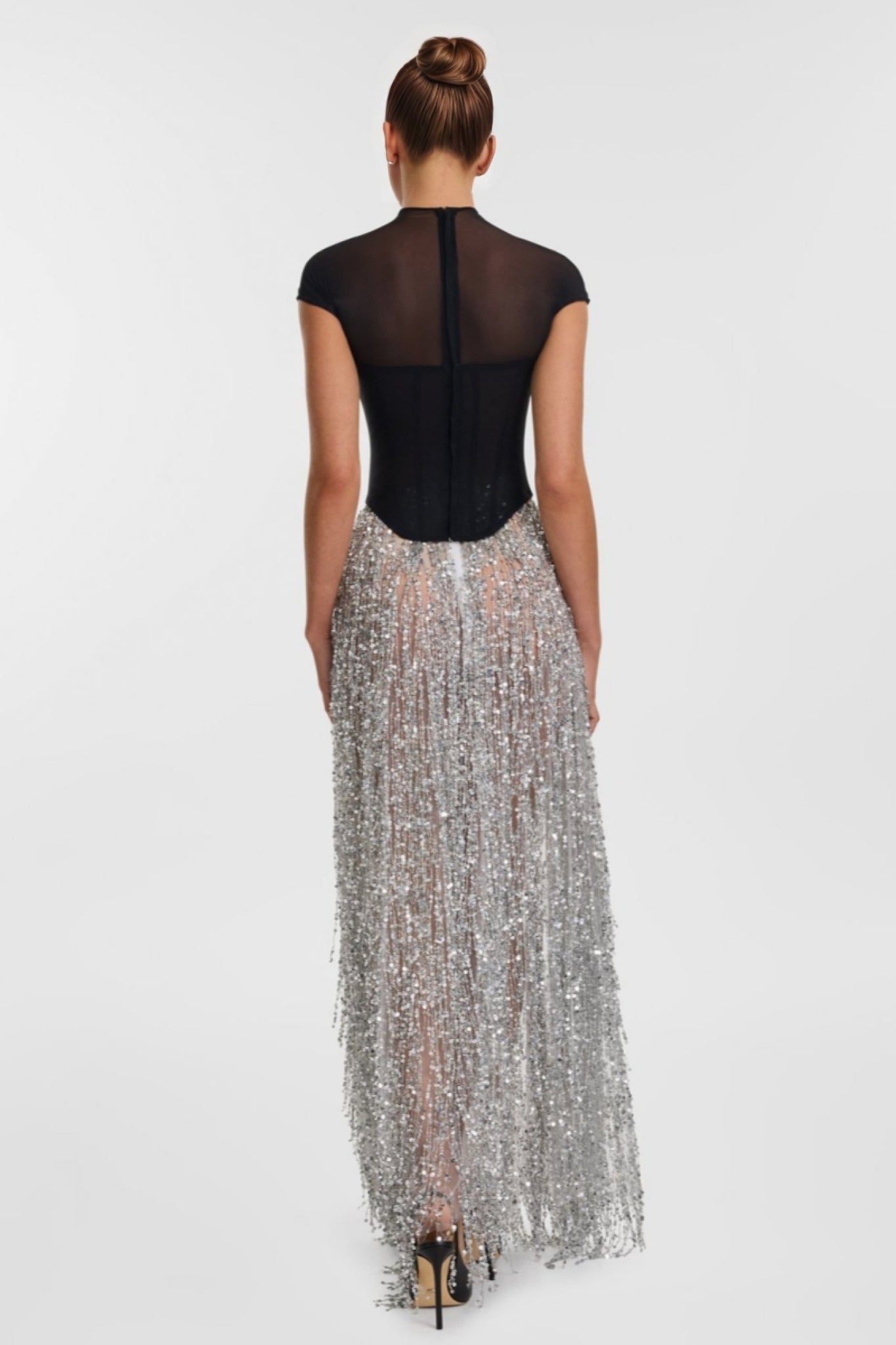 Mesh Mock Neck Cap Sleeve Corset Bodice Sequin Fringe Skirt Two-Piece Set