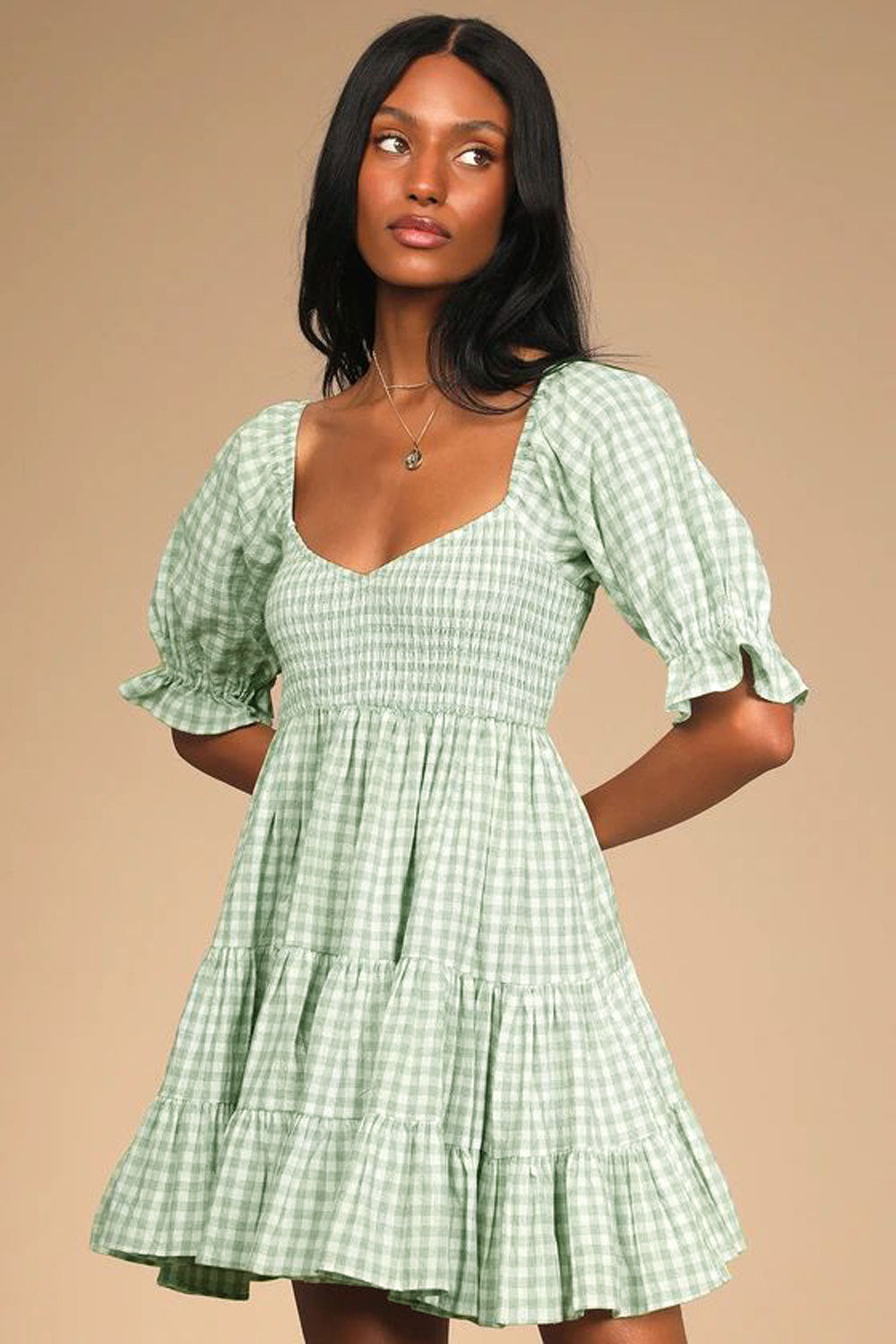Women Clothing Plaid Tight Waist Large Swing Square Collar Short Sleeve Plaid High Waist Dress