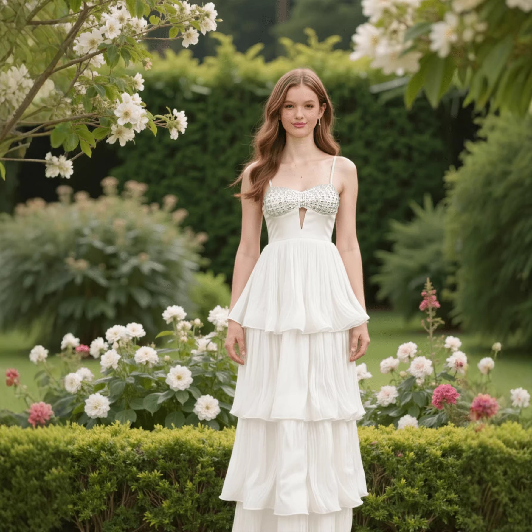 Sequin Spaghetti Strap Sweetheart Keyhole Cut Out Tiered Pleated Maxi Gown