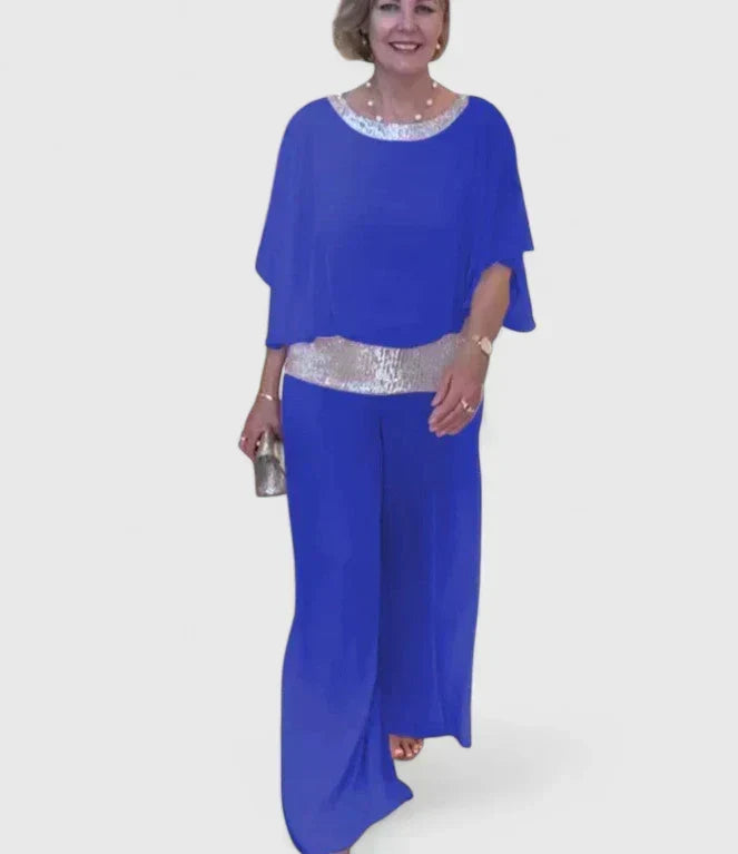 Sequin Trim Chiffon Overlay Top and Pants Two Piece Set 7
