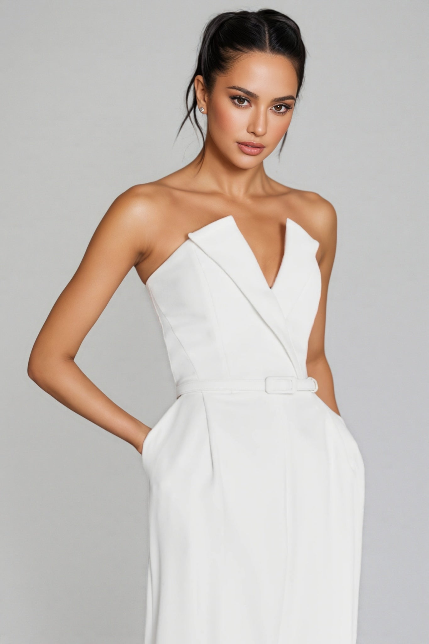 Mesh Pearl Embellished Tuxedo Lapel Belted Wide Leg Jumpsuit