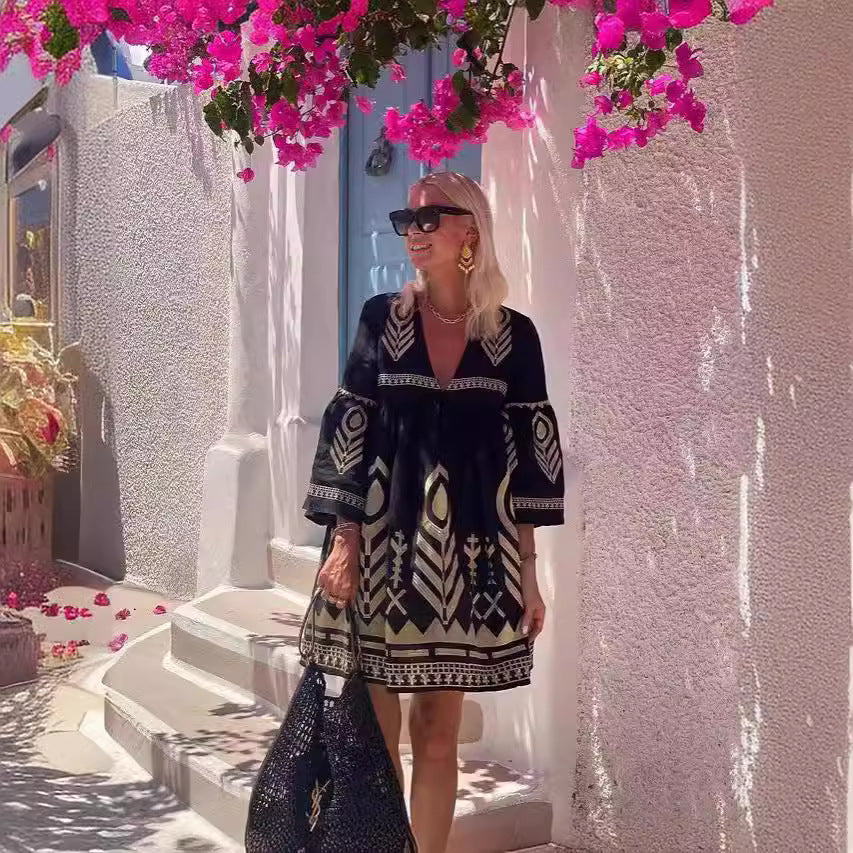 Geometric Embroidered V-Neck Bell Sleeve Tunic Mini Dress