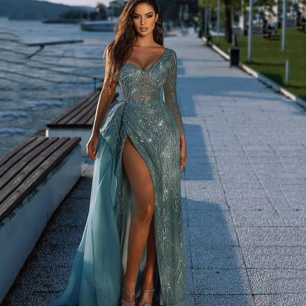 Sequin One Shoulder Long Sleeve High Split Mermaid Maxi Gown