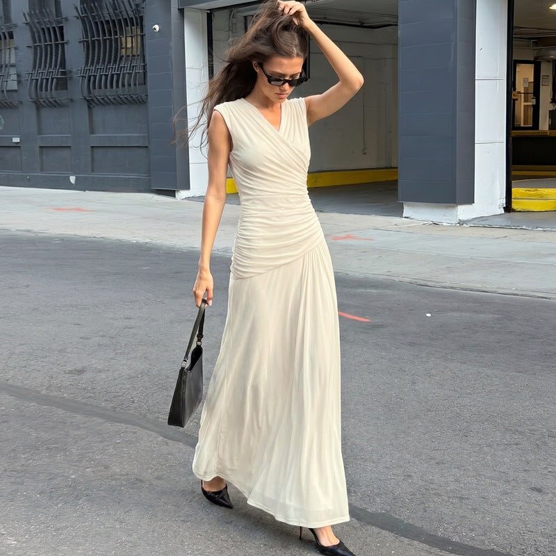 Sleeveless Ruched Surplice V-Neck Mesh Maxi Dress 3