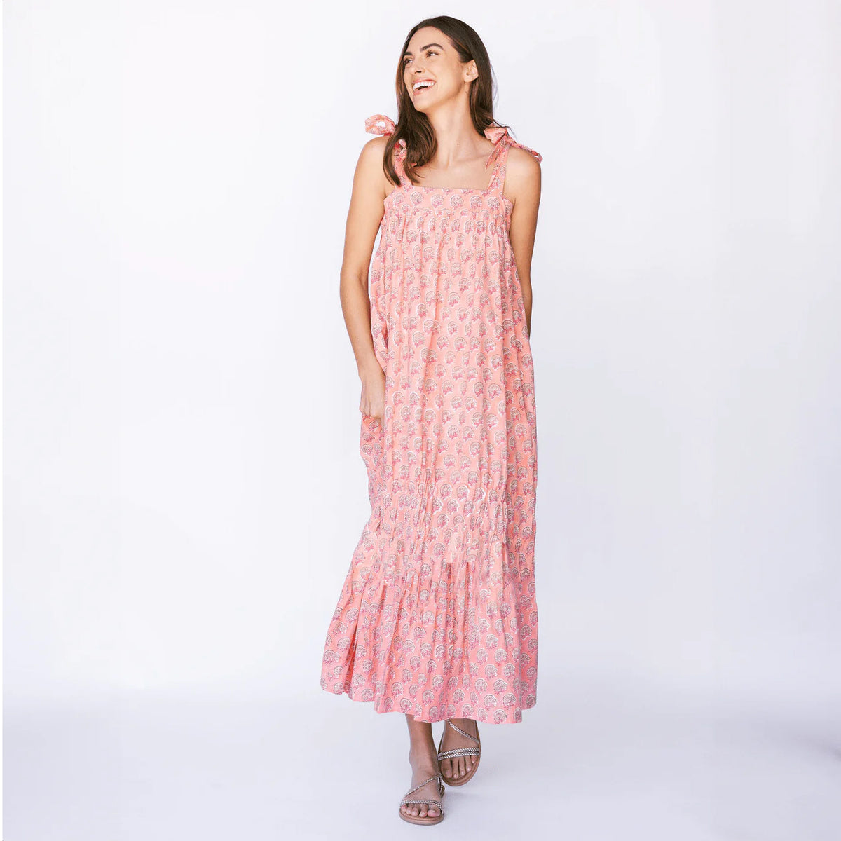 Abstract Wave Print Square Neck Tie Shoulder Tiered Maxi Dress 4