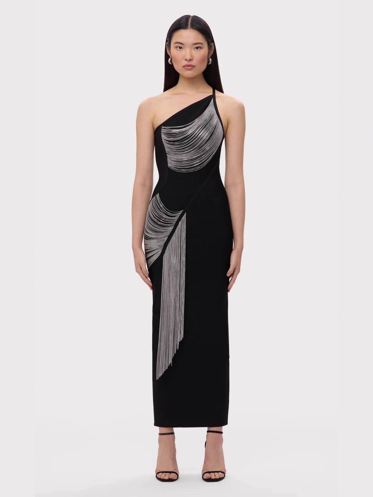 One Shoulder Chain Fringe Bodycon Maxi Dress