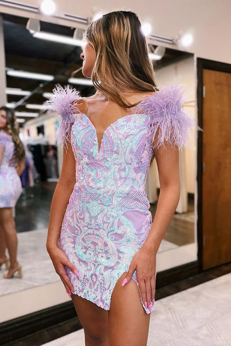 Cute Bodycon Off the Shoulder Lavender Sequins Short Homecoming Dresses with Feather
