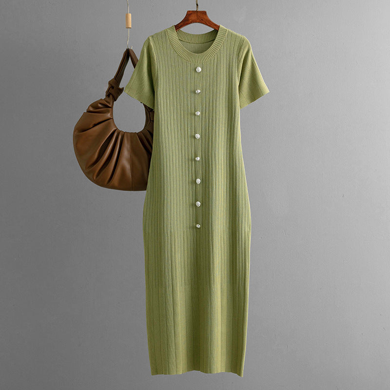 Single Breasted round Neck Knitted Dress Summer Slimming Sheath Knitted Dress