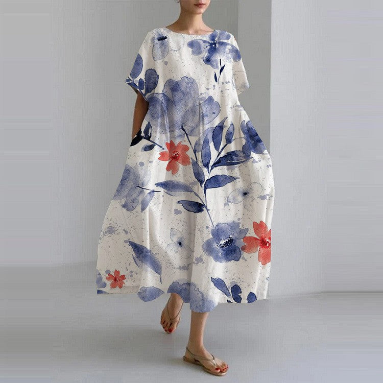 Floral Print Round Neck Drop Shoulder Short Sleeve Oversized Pleated Maxi Dress
