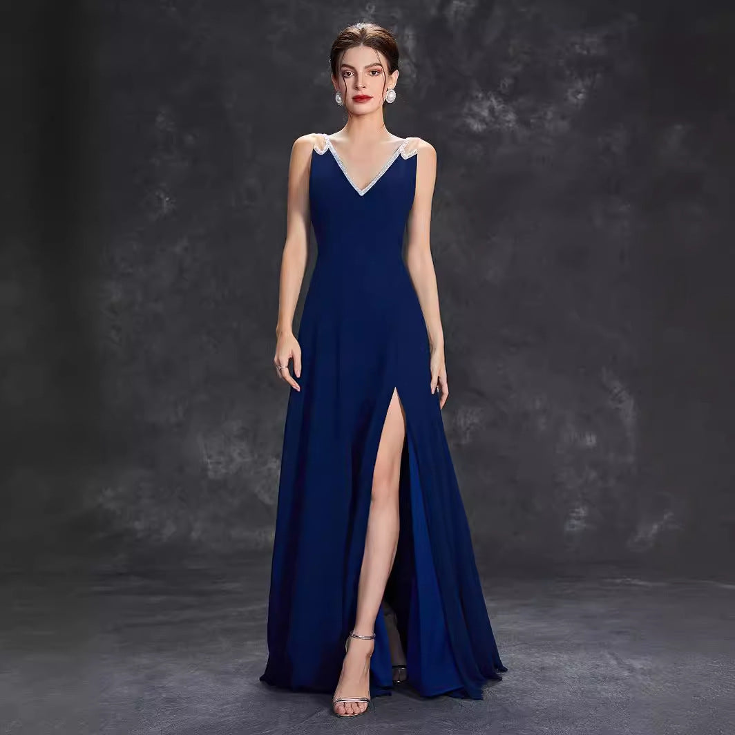 Chiffon Deep V-Neck Sleeveless Beaded High Split A-Line Maxi Prom Dress