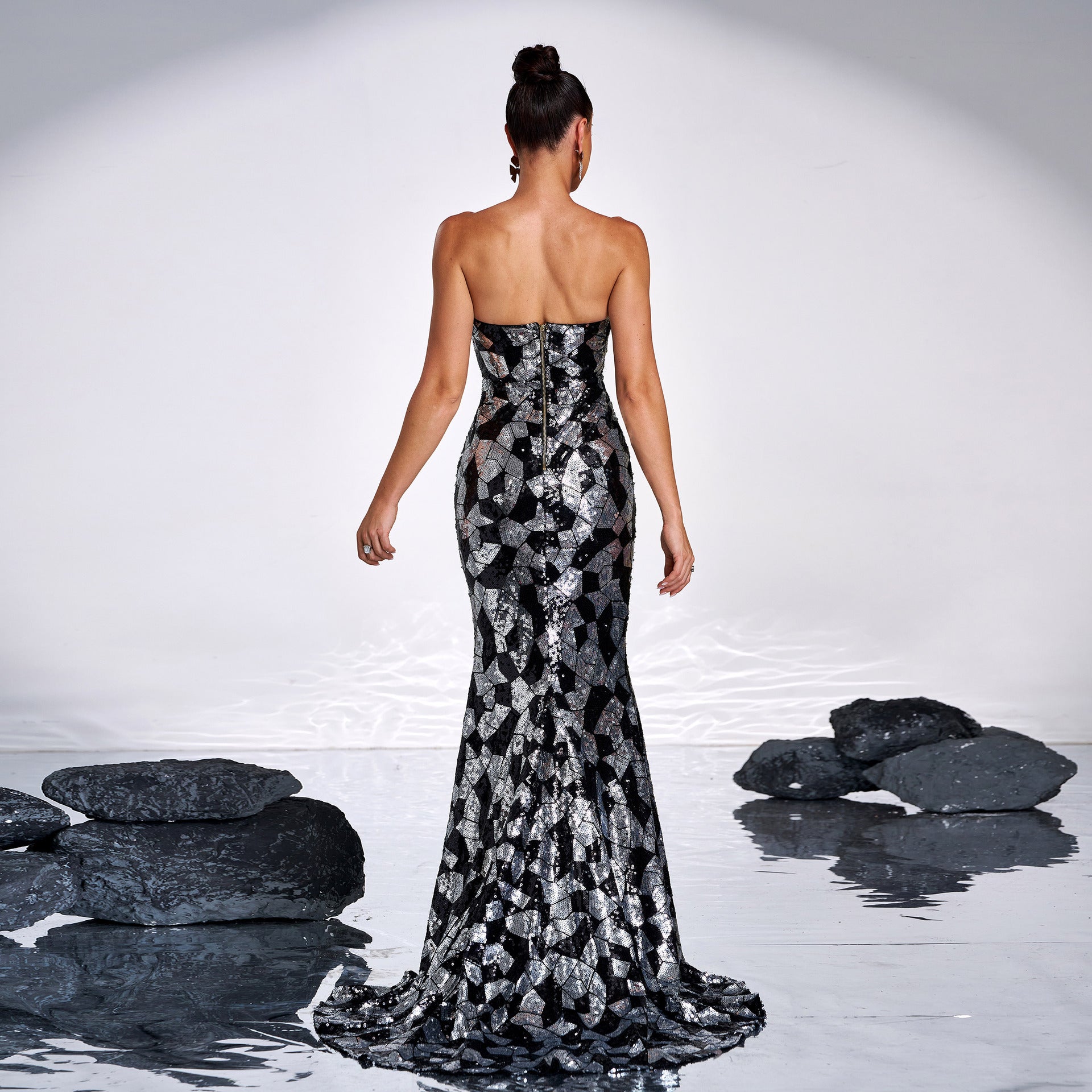 Sequin Strapless Sweetheart High Split Mermaid Evening Gown