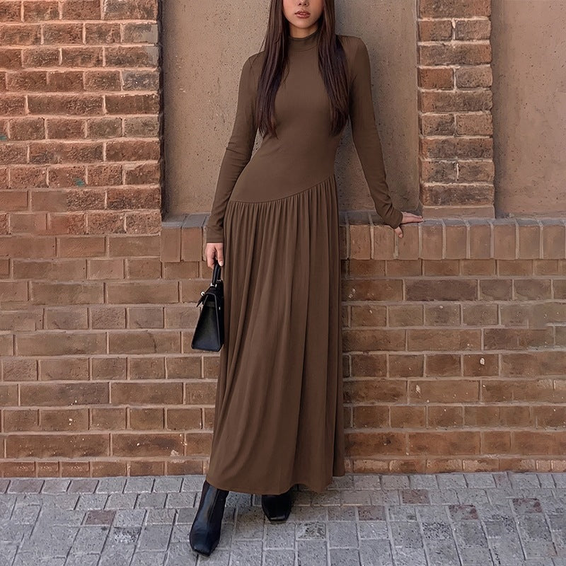 Casual Laid Back Solid Color Half Collar Stitching Long Sleeve Dress