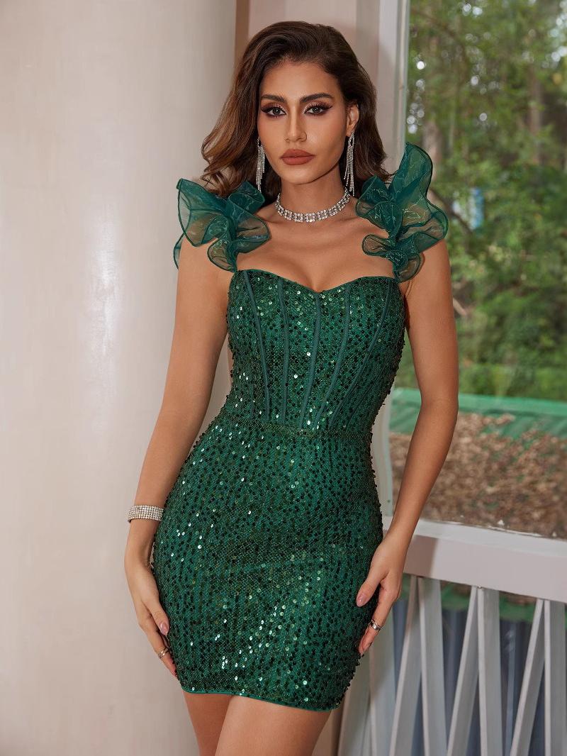 Sequin Off Shoulder Ruffle Sleeve Corset Bustier Bodycon Mini Dress