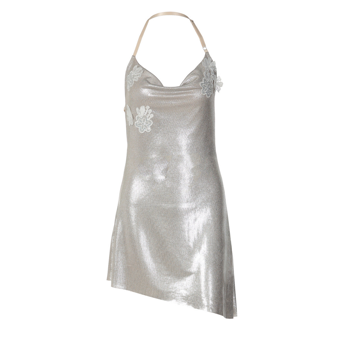 Metallic Mesh Halter Cowl Neck Floral Applique Backless Mini Dress 5