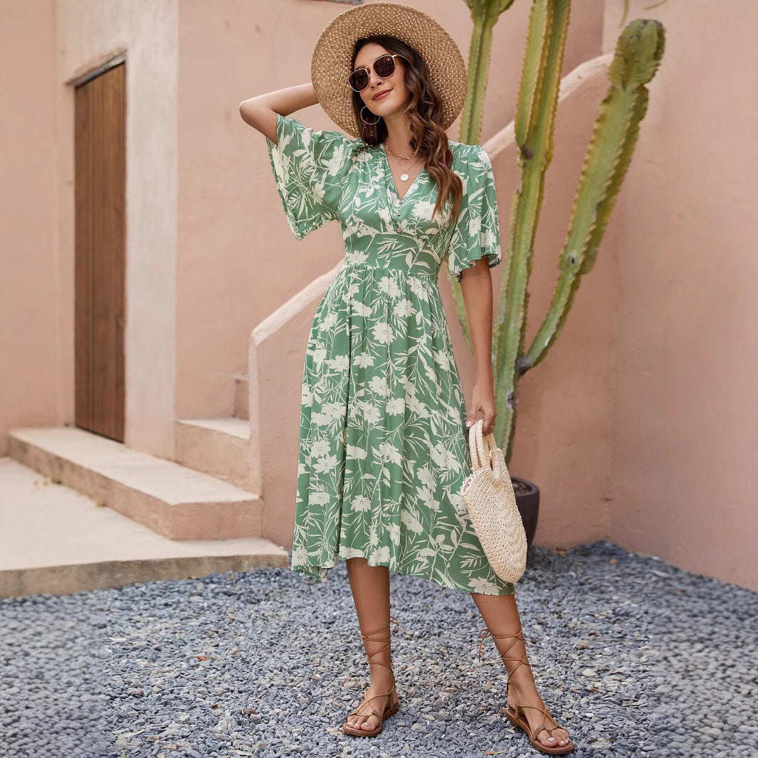 V-Neck Flutter Sleeve Floral Fit and Flare Midi Dress