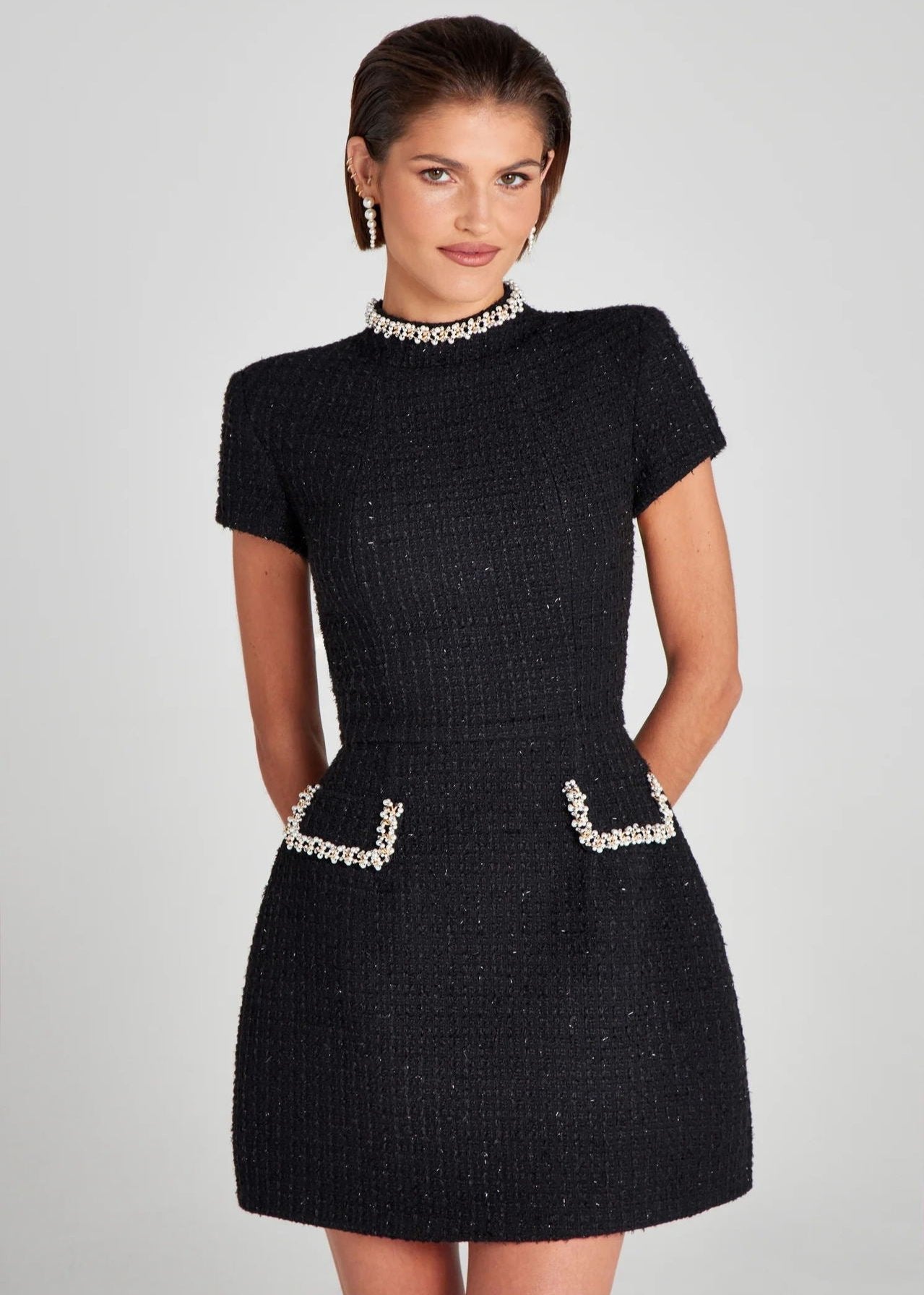 Pearl Crystal Trim Tweed Mock Neck Short Sleeve Patch Pocket Mini Dress