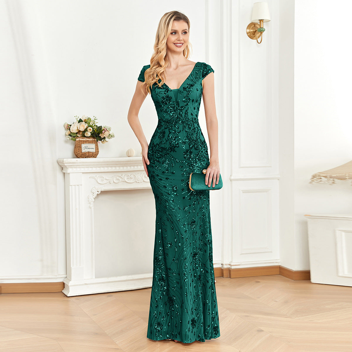 Sequin V-Neck Cap Sleeve Mermaid Evening Gown