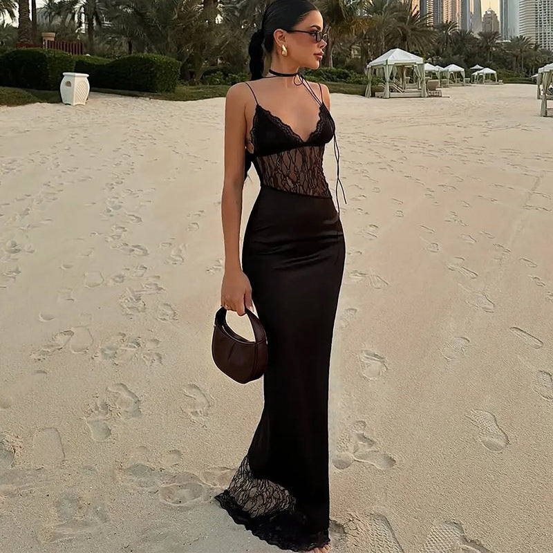 Sheer Lace Panel V-Neck Spaghetti Strap Satin Lace Hem Maxi Dress