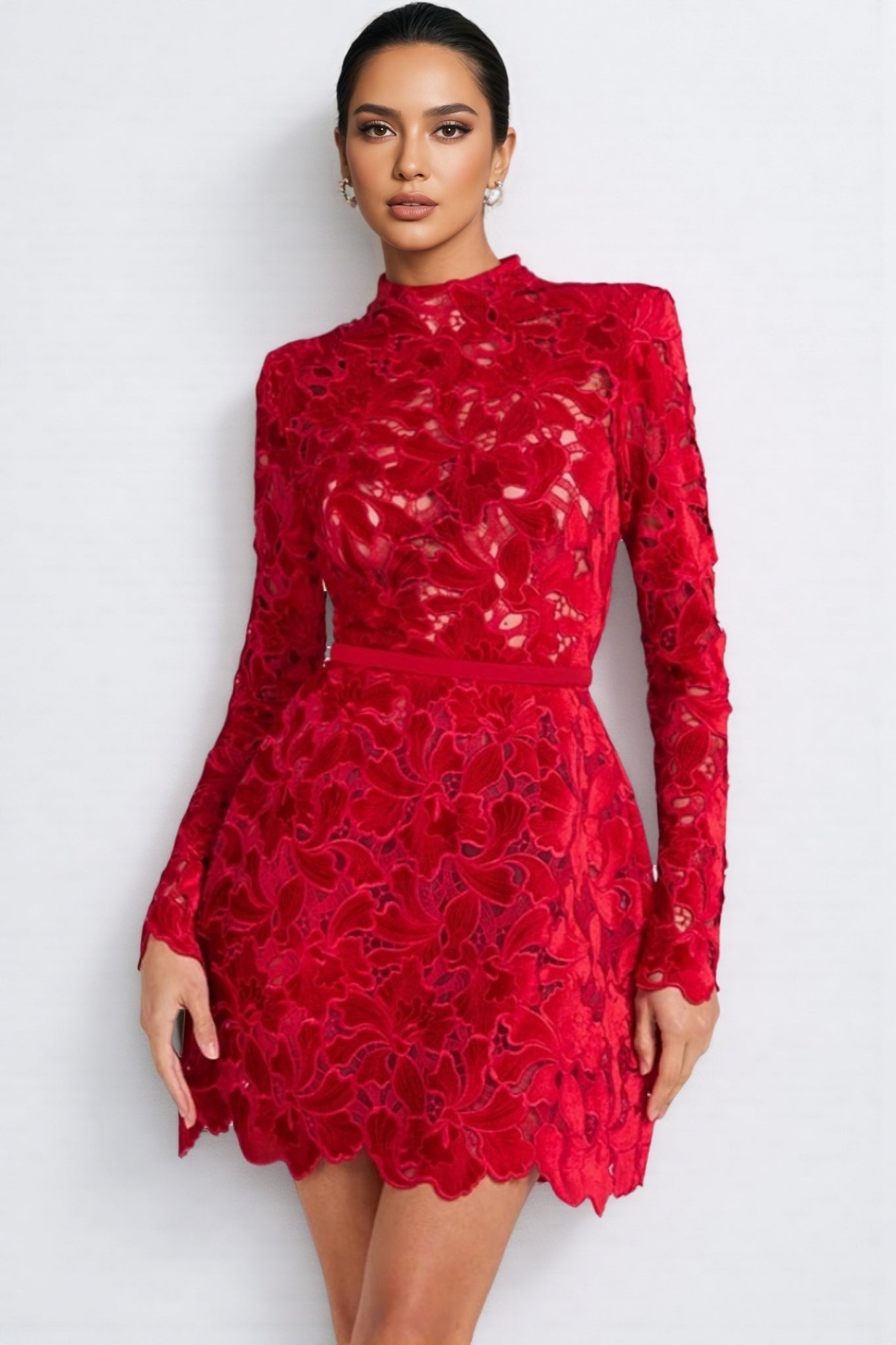 Beni Long Sleeve Lace Mini Dress-Red - View 2