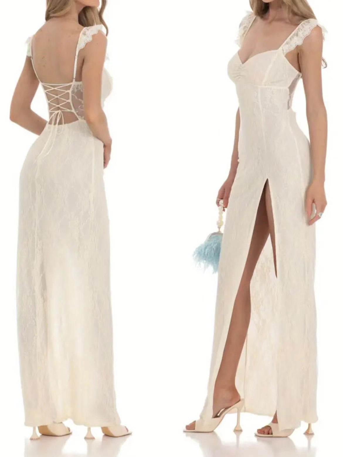 Lace Flutter Strap Sweetheart High Split Maxi Gown