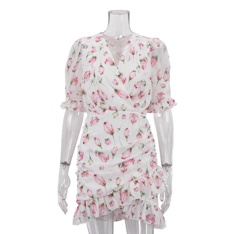 Rose Print Chiffon V-Neck Puff Sleeve Ruched Ruffle Hem Mini Dress 2
