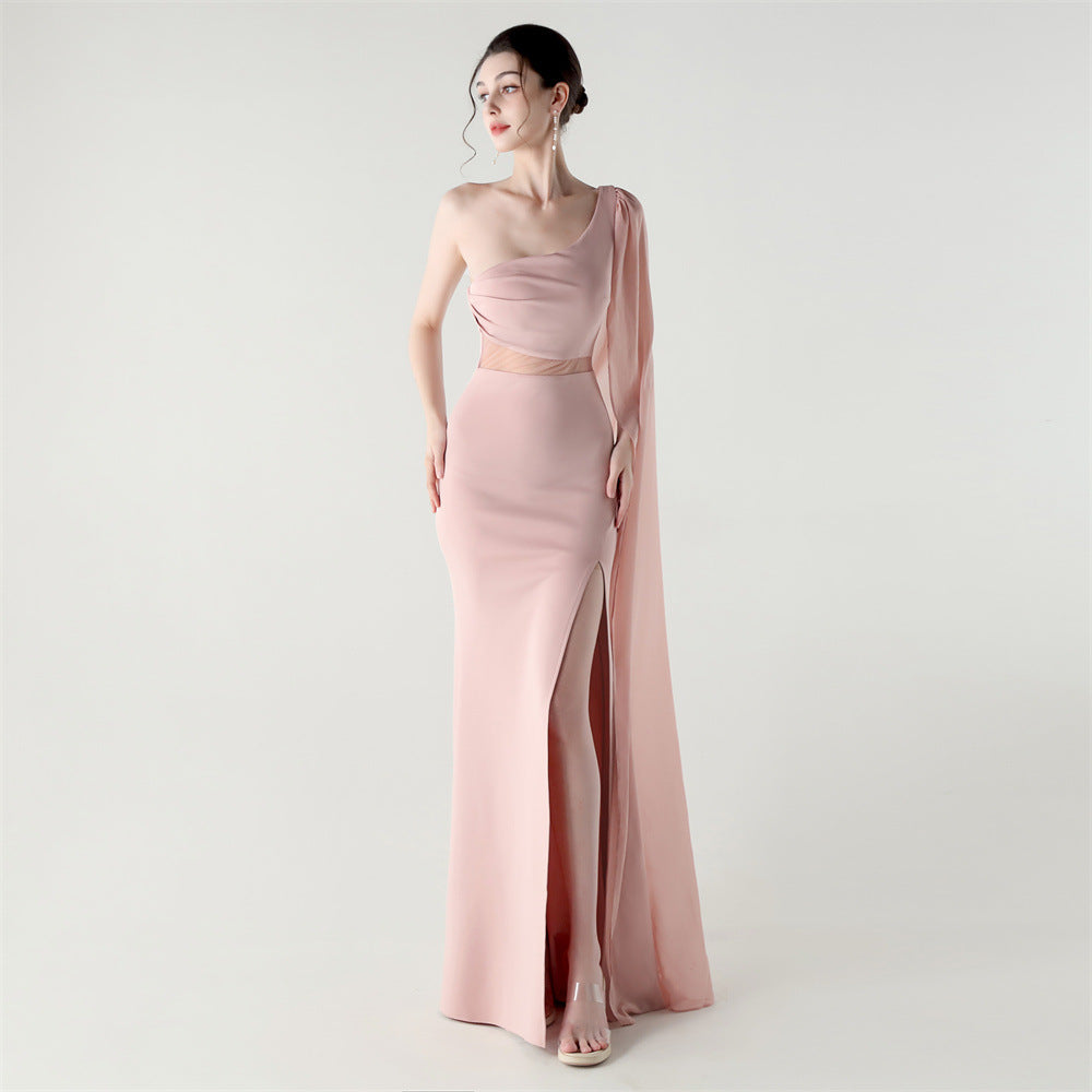 Single Shoulder Crossbody Stitching Mesh Design Satin Slim Cocktail Dress Evening Dress - FashionAxe