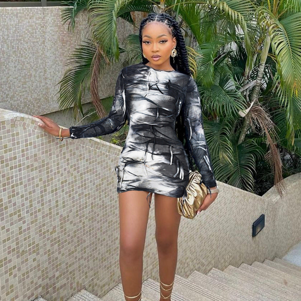 Tie Dye Print Crew Neck Long Sleeve Ruched Drawstring Bodycon Mini Dress