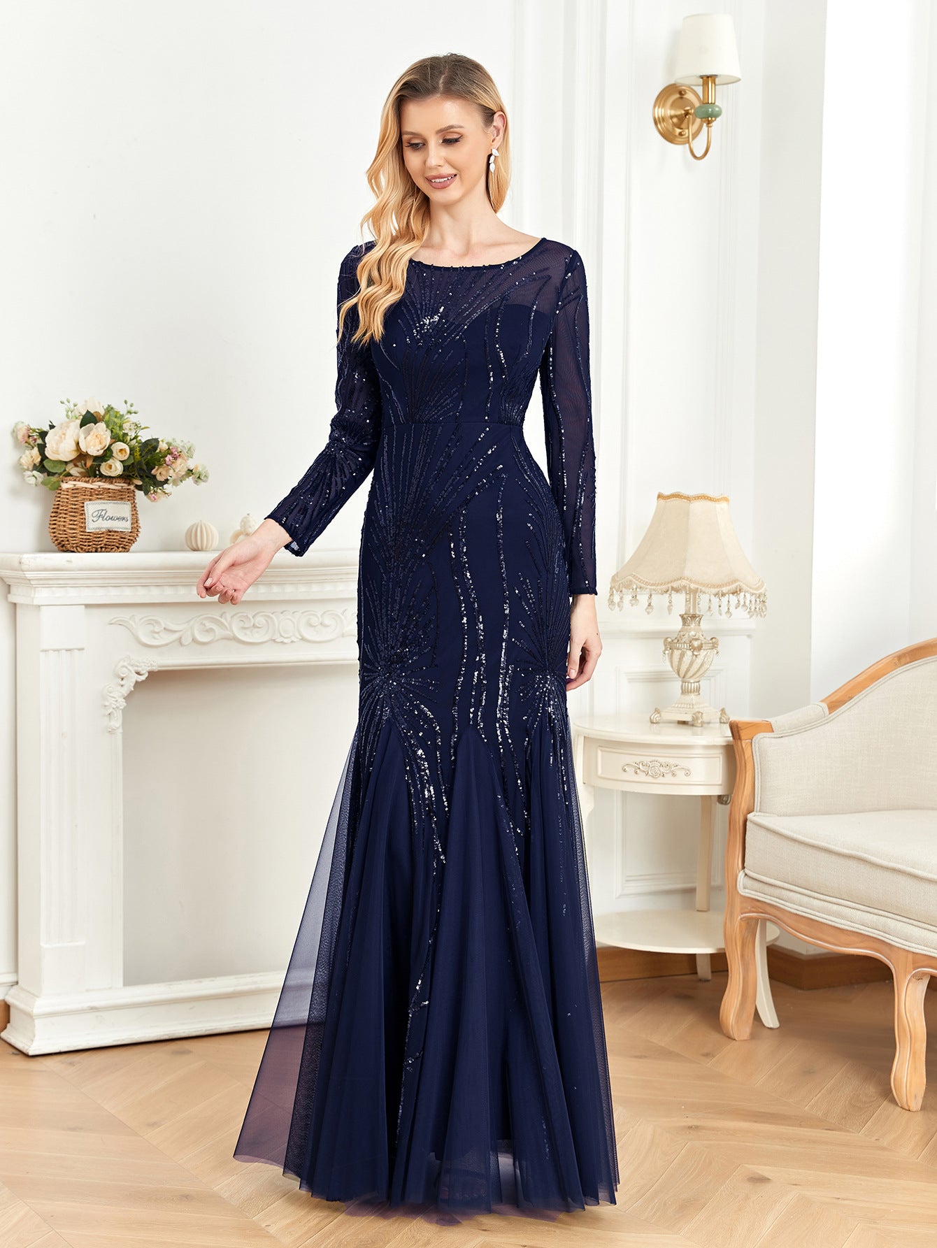 Sequin Crew Neck Long Sleeve Tulle Mermaid Maxi Gown