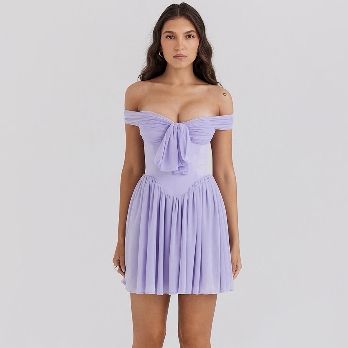 Mesh Off Shoulder Bow Front Corset Bodice Pleated Mini Dress 2
