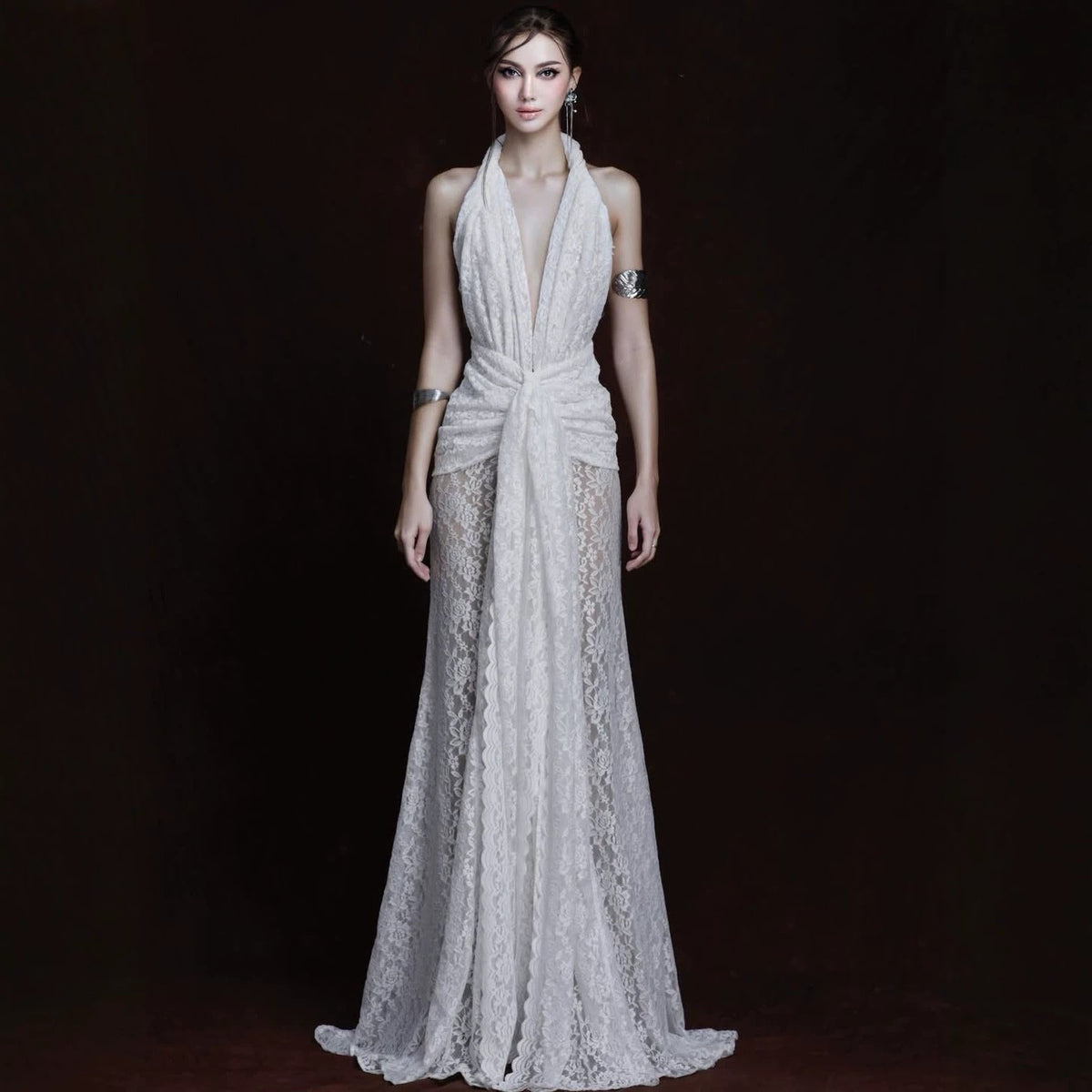 Lace Halter Neck Deep V-Neck Twist Front Sheer Skirt Maxi Gown 5